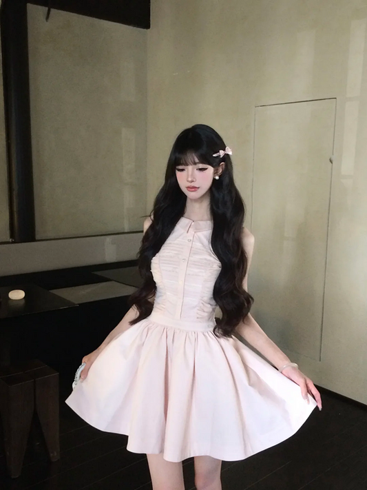 Pink Sleeveless Pleated Waist Slim A-Line Short Skirt Homecoming Dress R5077