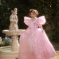 Pink floor-length ball gown with a cinched waist and slim fit, exuding elegance; bridal gown R7280