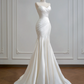 White strapless, fitted, pleated, long fishtail ball gown R8162