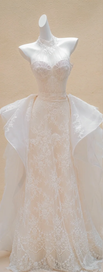 White lace halterneck sleeveless waist slim hip maxi bridal dress R5735