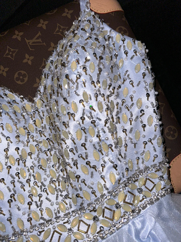 Light blue halter-neck rhinestone high-waisted elegant fairy long ball gown R6927