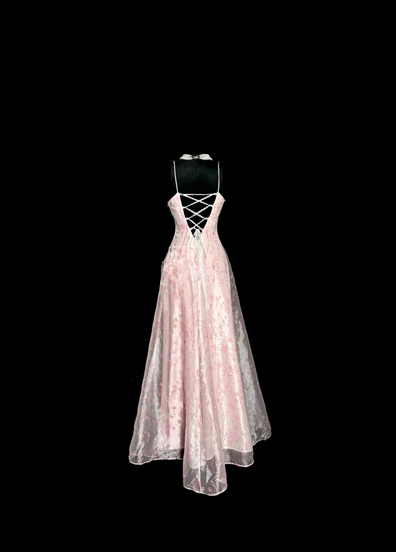 Pink floral print halter-neck fitted A-line prom dress R6608