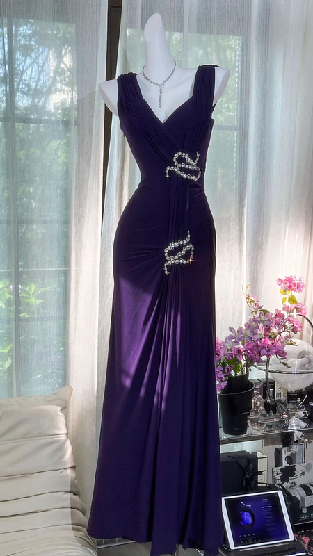 Purple tank top camisole fitted waist bodycon long ball gown R6528
