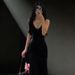 Black V-neck fitted long elegant ball gown R8033