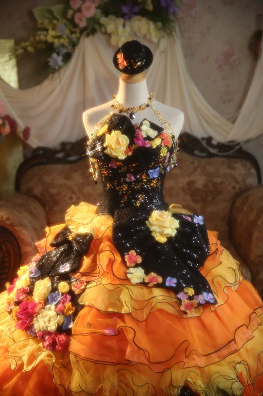 Orange Strapless Waist-Cinched 3D Floral Puff-Skirt Long Ball Gown & Bridal Gown R7369