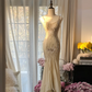 Light apricot halter-neck fitted waist bodycon long ball gown R7723