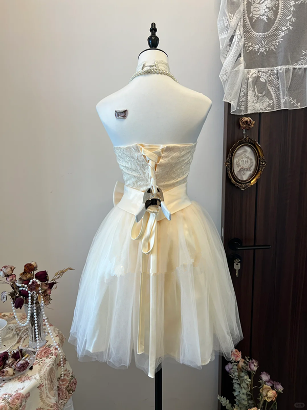 White tube top waist tulle skirt short skirt homecoming dress R4266