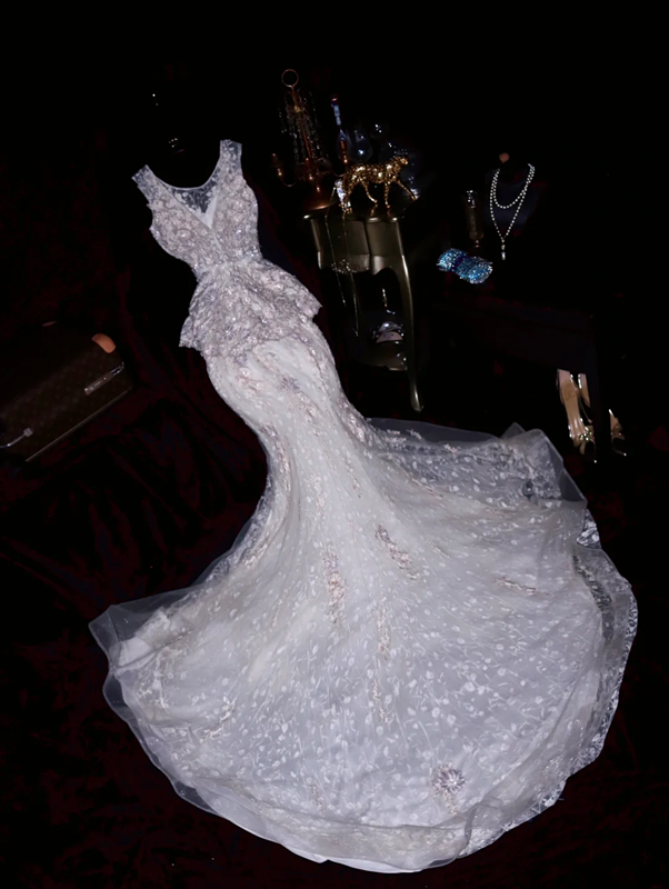 White tank top with beaded lace-up fitted long ball gown R6887