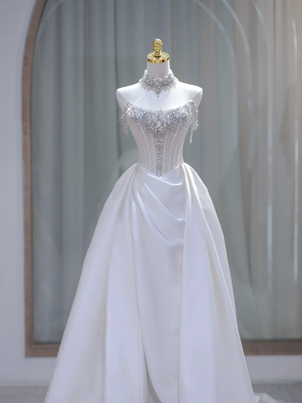 White tube top diamond waist fish bone top satin skirt long dress bridal dress R5850