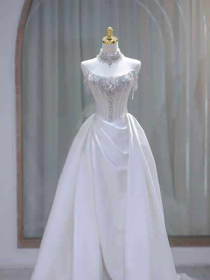 White tube top diamond waist fish bone top satin skirt long dress bridal dress R5850