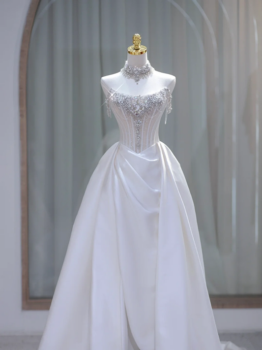 White tube top diamond waist fish bone top satin skirt long dress bridal dress R5850