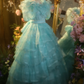 Light blue puff sleeves, fitted waist, full skirt, ball gown, bridal gown R7260
