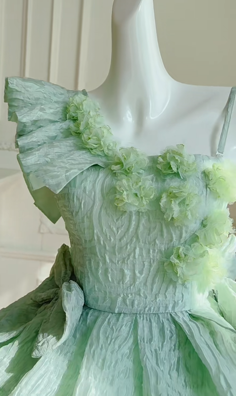 Green asymmetrical suspenders waist slim fit puffy princess skirt homecoming dress R5037