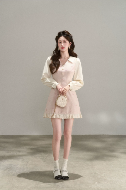 Vintage Pink Tweed A-Line Dress, Women's Long Sleeve Floral Embroidered Mini Dress R9329