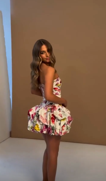 Retro Floral Tube Top Waist Pleated Bud Skirt Short Homecoming Dress R5438