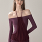 Halter Off-Shoulder Long Sleeve Dress With Ruched Skirt And Mesh Detail R9283