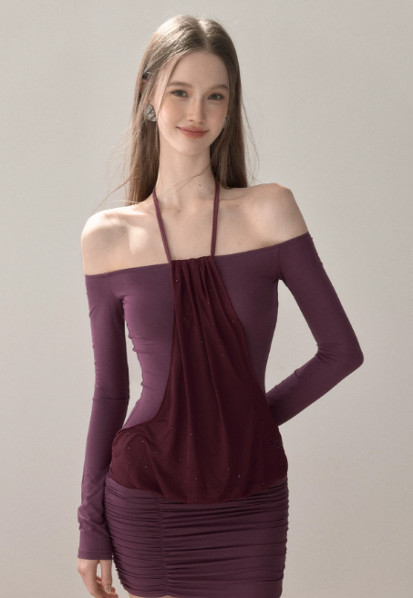 Halter Off-Shoulder Long Sleeve Dress With Ruched Skirt And Mesh Detail R9283
