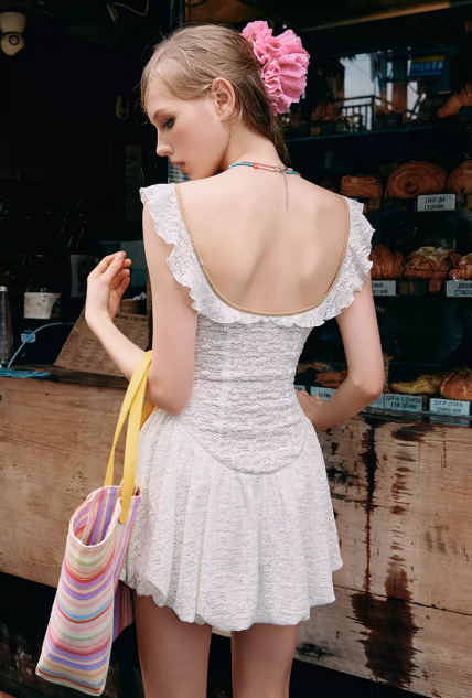 White Lace Cami Mini Dress With Ruffle Trim And Bow Detail R9282