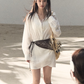 Western Style Off-White Eyelet Embroidered Shirt Dress with Waist Tie R9363