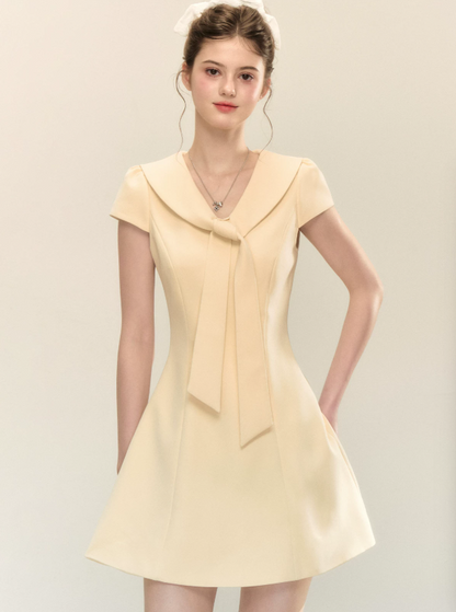 Light Yellow Short Sleeve Sailor Collar Dress with Back Zipper R9217