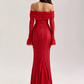 Red Lace Off-Shoulder Maxi Dress with Long Flare Sleeves R9135