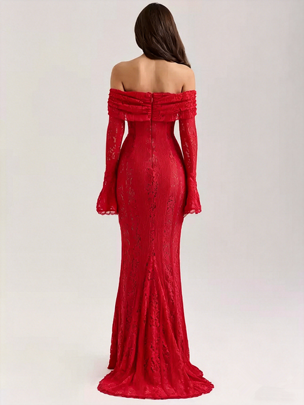 Red Lace Off-Shoulder Maxi Dress with Long Flare Sleeves R9135