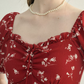 Red Floral Print Mini Dress Women With Puff Sleeves And Square Neck R9483