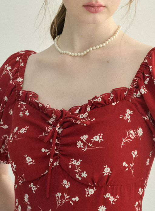 Red Floral Print Mini Dress Women With Puff Sleeves And Square Neck R9483