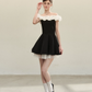 Classic Black White Off Shoulder A-Line Party Dress with Ruffle Top R9215