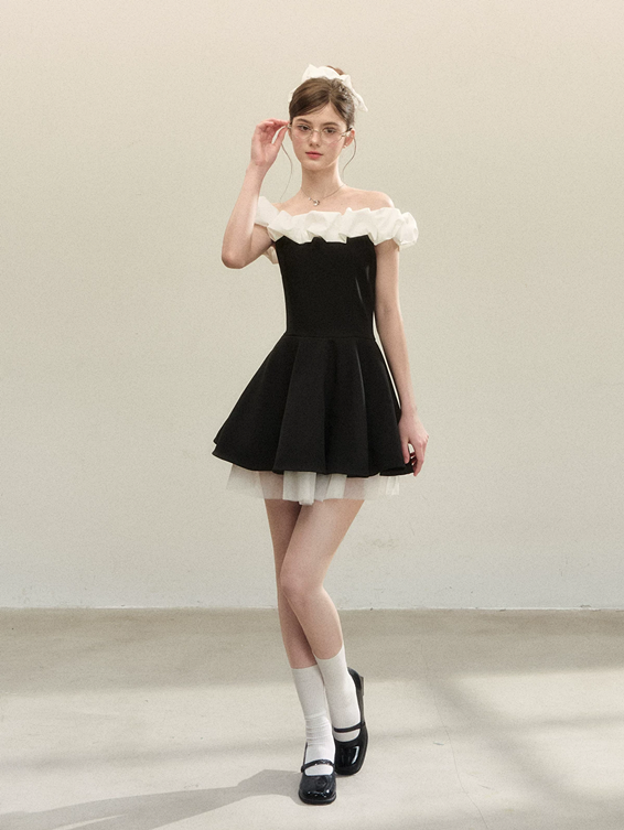 Classic Black White Off Shoulder A-Line Party Dress with Ruffle Top R9215