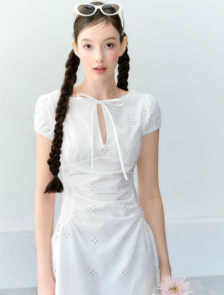 White Eyelet Embroidery Mini Dress Women With Keyhole Neck And Bow Tie Detail R9394