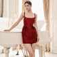 Elegant Cocktail Mini Dress Square Neck Waist Pleat Detail Satin R9187