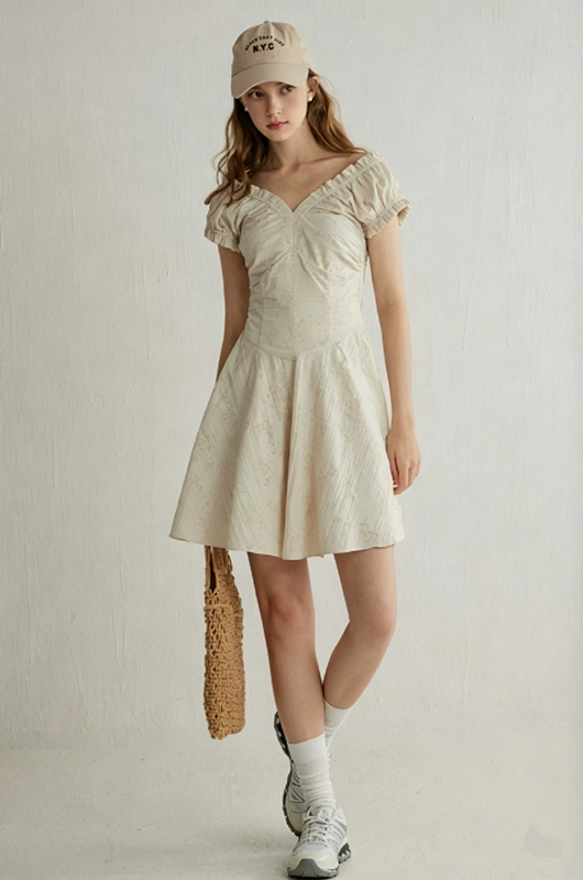 Beige Floral Print Mini Dress Women With Ruffled V-Neck And Puff Sleeves R9456