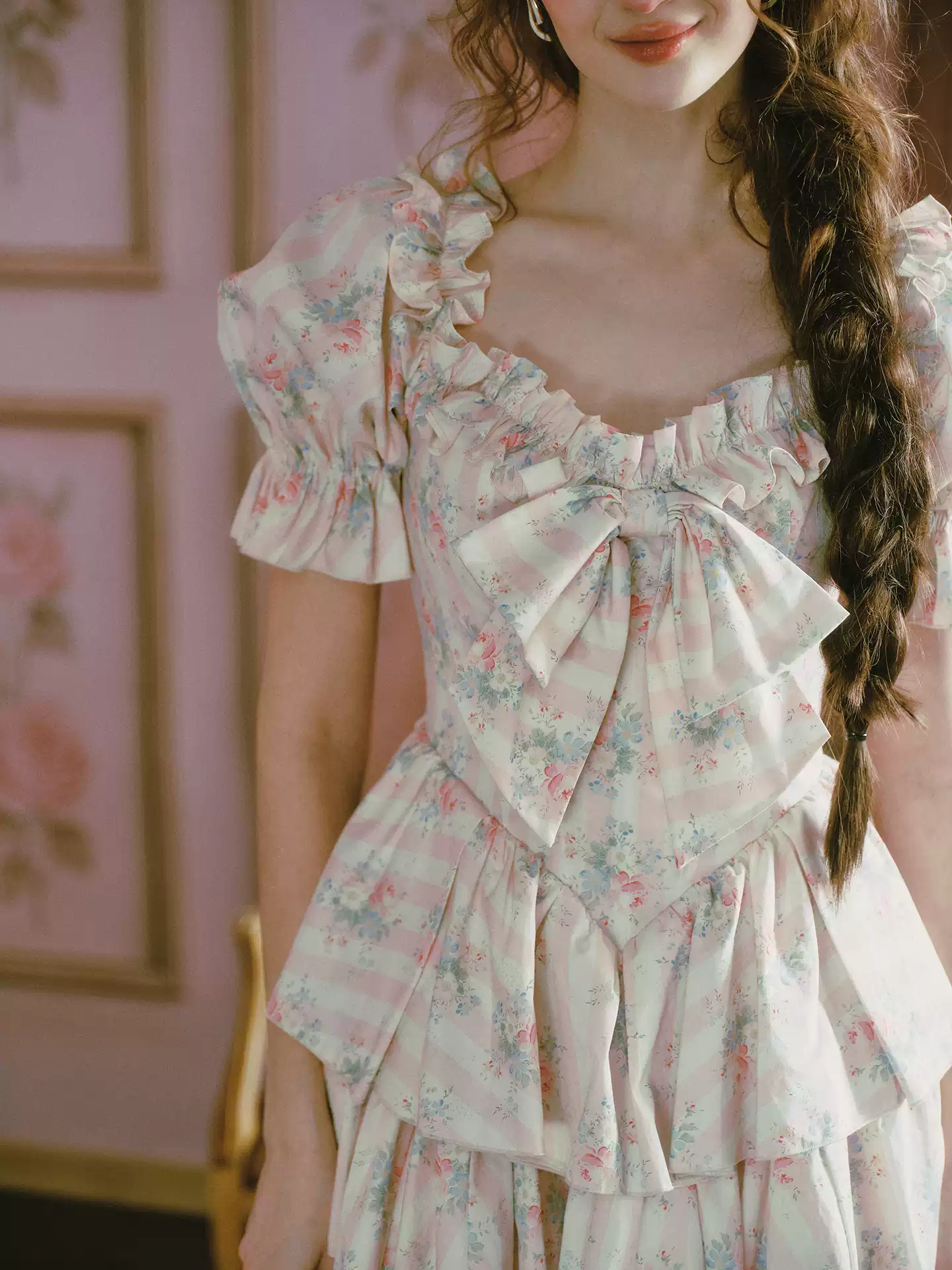 Romantic Princess Tiered Mini Dress Square Neck Ruffle Bow Floral Print Cotton R9190