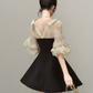 Women's Black & Beige Polka Dot Mini Dress, Puff Sleeve Collared A-Line Dress R9335