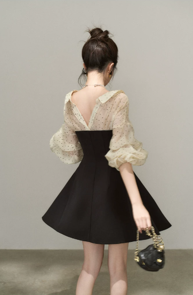 Women's Black & Beige Polka Dot Mini Dress, Puff Sleeve Collared A-Line Dress R9335