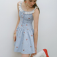 Blue Gingham Cherry Embroidered Mini Dress Women With Lace Trim R9473