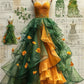 Yellow suspender waist cake design dress, prom dress R5338