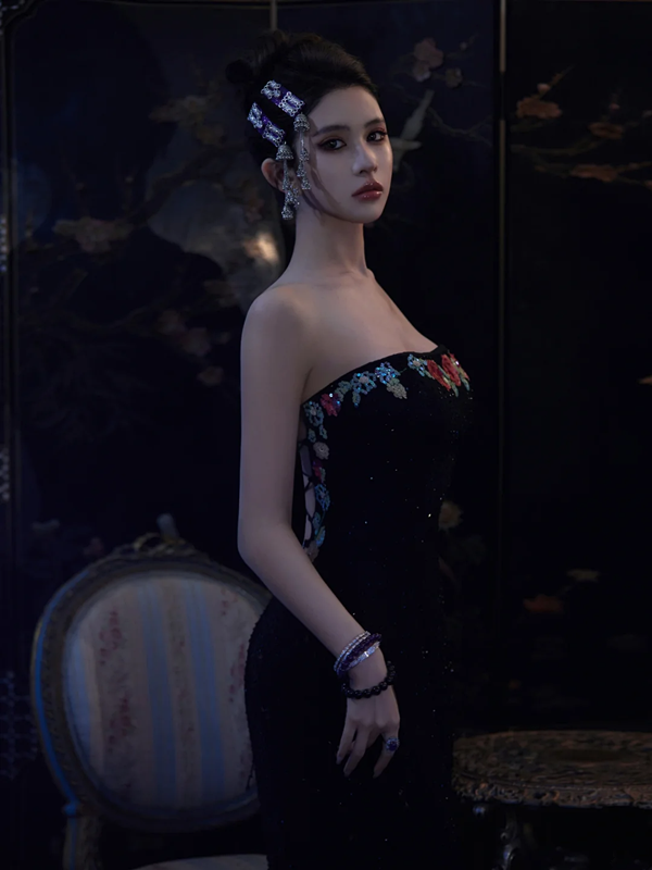 Black Strapless Ruched-Waist Bodycon Mermaid Prom Dress R7087