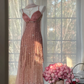 Light pink halter-neck fitted waist rhinestone long ball gown R7603