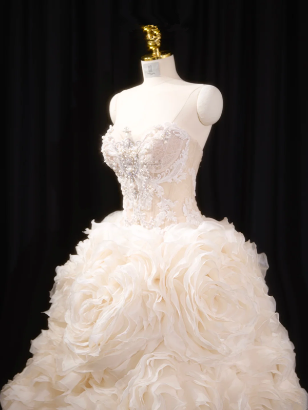 Light apricot strapless, fitted waist, full skirt, long ball gown, bridal dress R8914