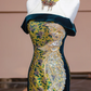 Yellow-based, green floral print, off-the-shoulder, fitted, long ball gown R8336