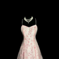 Pink floral print halter-neck fitted A-line prom dress R6608