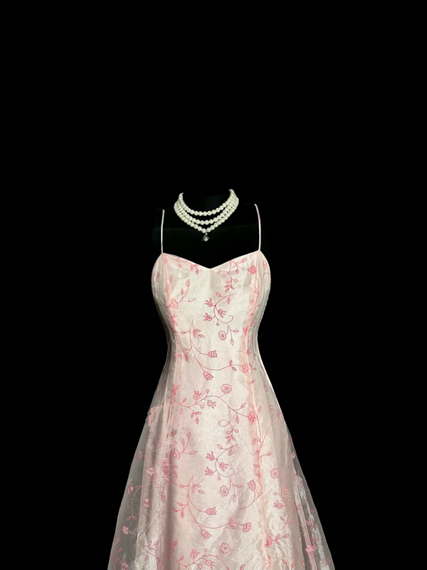 Pink floral print halter-neck fitted A-line prom dress R6608