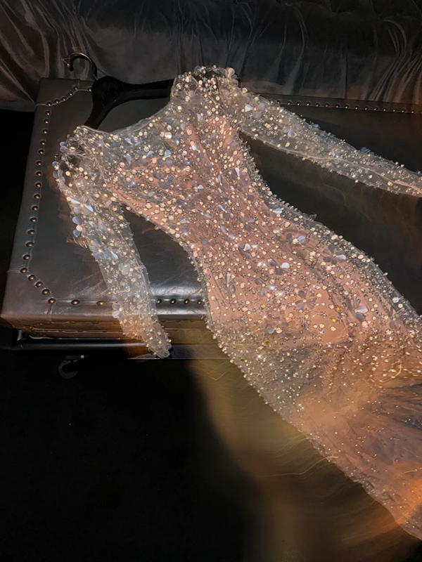 Light pink long-sleeved fitted ball gown, bridal dress R8794