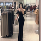 Black off-the-shoulder waist-cinching slim-fit bodycon sexy long prom dress R7914
