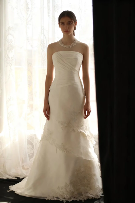 White strapless fitted long ball gown R6728