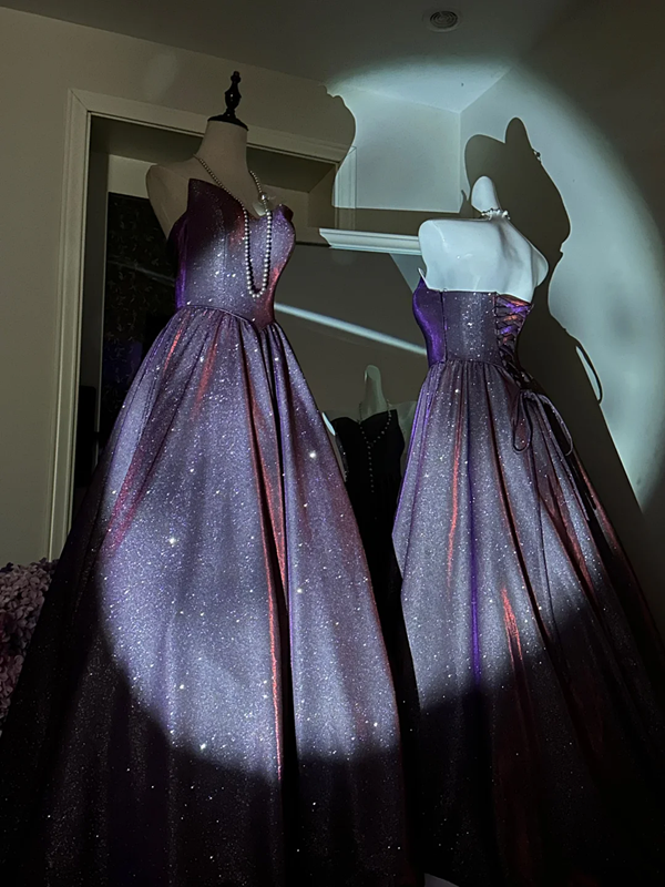 Purple sequined strapless dress with a fitted waist and a full skirt, a ball gown R6408