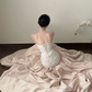 White strapless, waist-cinched, slim-fit top with a light pink long skirt, elegant prom dress R7954