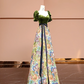Green square neckline, fitted waist, slim-fitting retro print long ball gown/bridal dress R8393